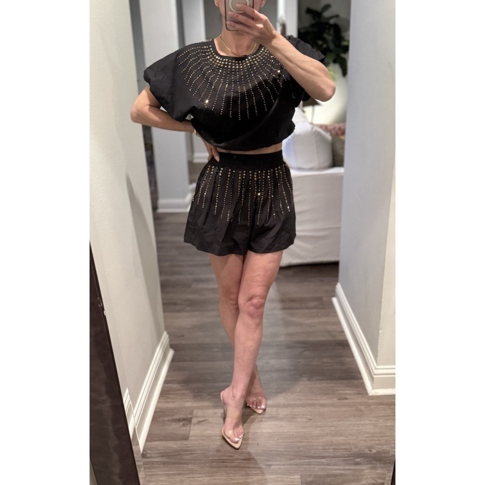 Queen Of Sparkles Black Gold Rhinestone Burst Shorts Crop Top Set Saints
